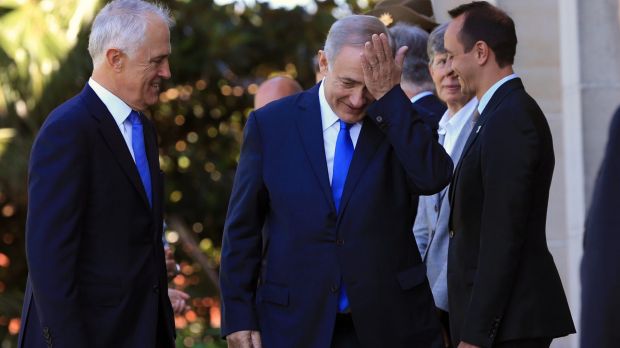 Israeli Prime Minister Benjamin Netanyahu and Prime Minister Malcolm Turnbull arrive for a meeting at Kirribilli.