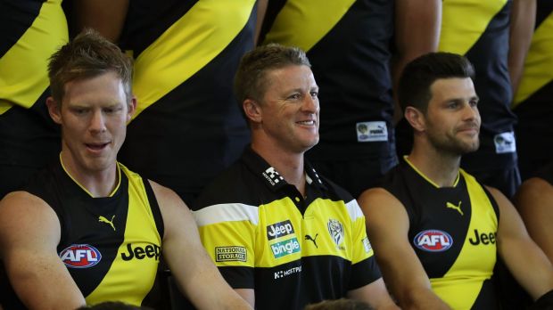 Hardwick, centre, with senior players Jack Riewoldt and Trent Cotchin, is confident of playing finals.