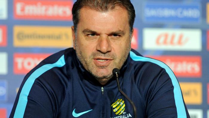 Socceroos coach Ange Postecoglou and Mile Jedinak attend a pre-match press conference in Melbourne, Monday, Oct. 10, 2016. The Socceroos will play Japan in a World Cup qualifier at Etihad stadium tomorrow. (AAP Image/Joe Castro) NO ARCHIVING