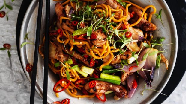 Stir-fried Hokkien noodles with chicken, chilli and coriander by Kylie Kwong