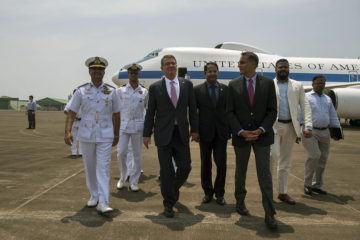 US Secretary of Defense Visiting Goa, India 
GOA, India (April 10. 2016) - Defense Secretary Ash Carter, left, walks with U.S. Ambassador to India Richard Verma, right, as he arrives in Goa. Carter is visiting India and the Philippines to solidify the U.S. rebalance to the Asia-Pacific region. (DoD photo by Air Force Senior Master Sgt. Adrian Cadiz on Flickr)