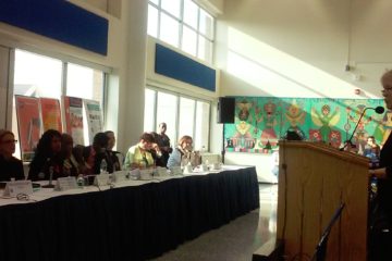 Professional Staff Congress President Barbara Bowen speaks at a public meeting at Hostos Community College. (Photo by Brandon Jordan)