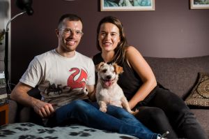 Turner couple David Kearns and Alisia Draskovic are the proud new owners of Lochie, the dog recently rescued by RSPCA ACT.