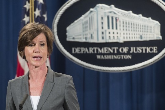 Deputy Attorney General Sally Yates speaks during a press conference to announce environmental and consumer relief in the Volkswagen litigation at the Department of Justice in Washington, DC, June 28, 2016.Volkswagen has agreed to pay out $14.7 billion in a settlement with US authorities and car owners over its emissions-cheating diesel-powered cars, court documents showed June 28, 2016.The settlement filed in federal court calls for the German auto giant to either buy back or fix the cars that tricked pollution tests, and to pay each owner up to $10,000 in cash. / AFP / SAUL LOEB (Photo credit should read SAUL LOEB/AFP/Getty Images)