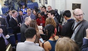 Reporters gather in the Brady Press Briefing room of the White House, Friday, Feb. 24, 2017. White House held a briefing in Press Secretary Sean Spicer's office, where they selected who could attend. (AP Photo/Pablo Martinez Monsivais)