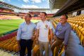 Minister for Sport Mick de Brenni, Roar player Corey Brown and member for Mt Coot-tha Steven Miles at the announcement ...