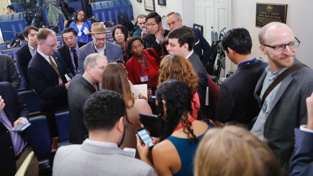 US press secretary Sean Spicer holds a briefing in his office where only selected media were allowed to attend.