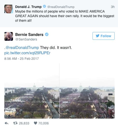 Bernie Sanders tweeted a sick burn at Donald Trump about his inauguration crowd size• On Saturday morning, President Donald Trump tweeted that his followers should hold their own rally, even though his presidential campaign was a series of rallies...