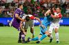 PERTH, AUSTRALIA - FEBRUARY 25:  Scott Neville of the Wanderers and Liam Reddy of the Glory clash during the round 21 ...