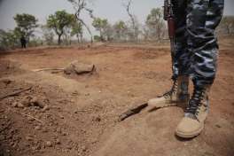 Security officers stand guard at the scene where a German archaeologists and his associate were kidnapped in Janjala Village, Nigeria. Friday, Feb. 24, 2017. Kidnappers are demanding a ransom of 60 million naira (about Dlrs 200,000 US) for the two captives abducted this week from Janjala village in northern Nigeria,  the excavation site where the German archaeologists was working. Two villagers were shot and killed in the kidnapping, police confirmed Friday.