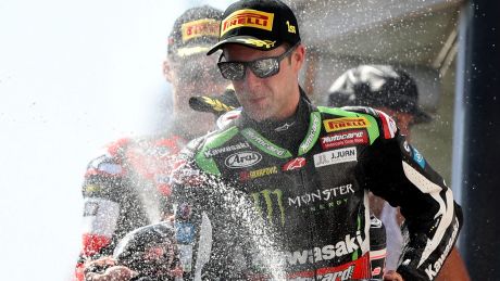 Jonathan Rea of Great Britain celebrates after winning race two.