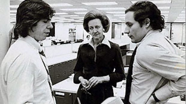 Katharine Graham with <i>Washington Post</i> reporters Carl Bernstein (left) and Bob Woodward in 1972.