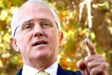 Malcolm Turnbull points as he speaks, with out of focus autumn leaves on trees in the background.