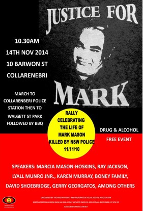 A flyer calling for 'Justice for Mark' against the Aboriginal flag.
