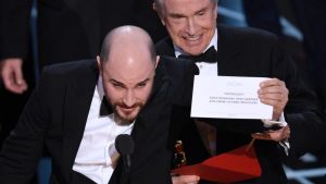 Jordan Horowitz, producer of "La La Land," shows the envelope revealing "Moonlight" as the true winner of best picture ...