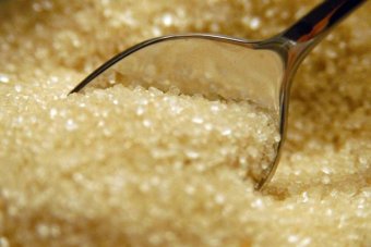 A spoon in a bowl of raw sugar