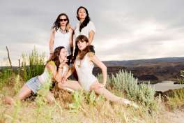 GEORGE, WA - May 27: Whitney Petty, Leah Julius, Lena Simon and Molly Sides of Thunderpussy pose for a portrait backstage at the Sasquatch! Music Festival at the Gorge Amphitheater on May 27, 2015 in George, Washington.