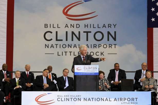 FILE - In this May 3, 2013, file photo, former President Bill Clinton speaks at ceremonies in Little Rock, Ark., to dedicate the Bill and Hillary Clinton National Airport. With his party now holding all of the levers of power in Arkansas politics, Sen. Jason Rapert, a Republican state lawmaker, is pushing to remove the names of the state’s most famous Democrats _ Bill and Hillary Clinton _ from Little Rock’s airport. (Staton Breidenthal/The Arkansas Democrat-Gazette via AP, File)