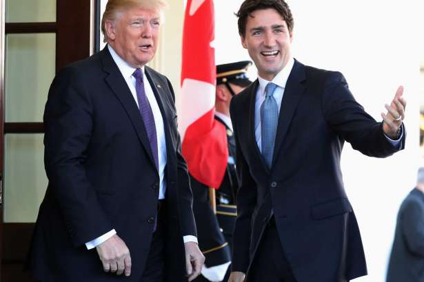 President Donald Trump greets Canadian Prime Minister Justin Trudeau upon his arrival at the White House in Washington, Monday, Feb. 13, 2017.