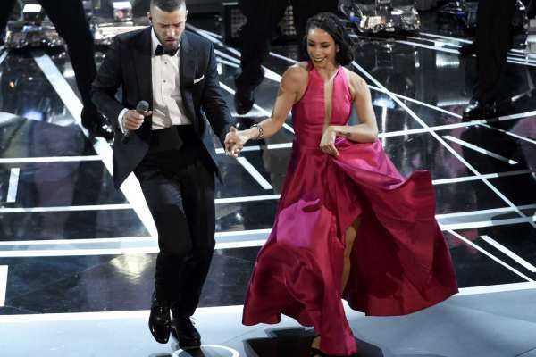 Justin Timberlake performs songs from best original song nominee "Can't Stop the Feeling," from "Trolls" at the Oscars on Sunday, Feb. 26, 2017, at the Dolby Theatre in Los Angeles. (Photo by Chris Pizzello/Invision/AP)