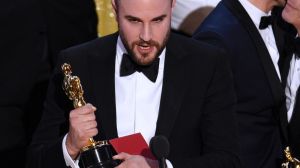 Jordan Horowitz, left, of "La La Land", mistakenly accepts the award for best picture at the Oscars.