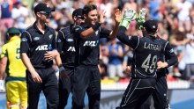 Trent Boult celebrates wicket against Australia in Hamilton