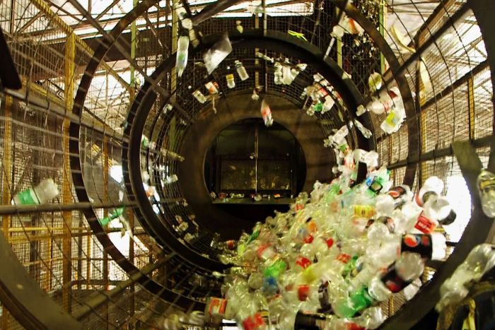 Bottles being sorts at an Adelaide recycling depot.