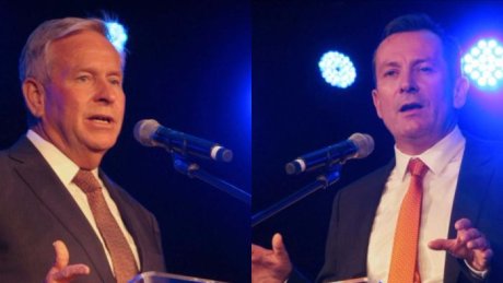 Mark McGowan Colin Barnett at a Christian meeting, both at podiums, composite photo.