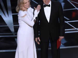 Faye Dunaway, left, and Warren Beatty present the award for best picture at the Oscars on Sunday, Feb. 26, 2017, at the Dolby Theatre in Los Angeles.