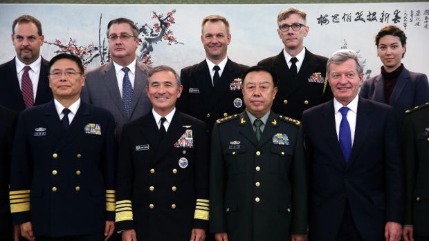 'They're going to test us': Max Baucus with US and Chinese top brass at a meeting in Beijing in November 2015.