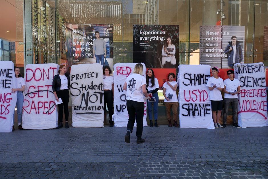 Students at the Sydney University hold mattresses to protest sexual assault on campus, August, 2016.