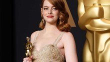 Emma Stone poses with her Oscar for Best Actress for her role in La La Land.