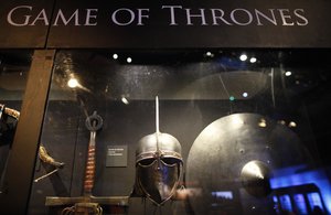 Weapons from the Game of Thrones are on display at the Waterfront Hall, Belfast, Northern Ireland, Tuesday, June 10, 2014.