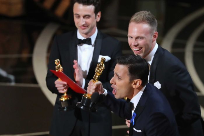 The composers of City Of Stars: Justin Hurwitz, Benj Pasek and Justin Paul