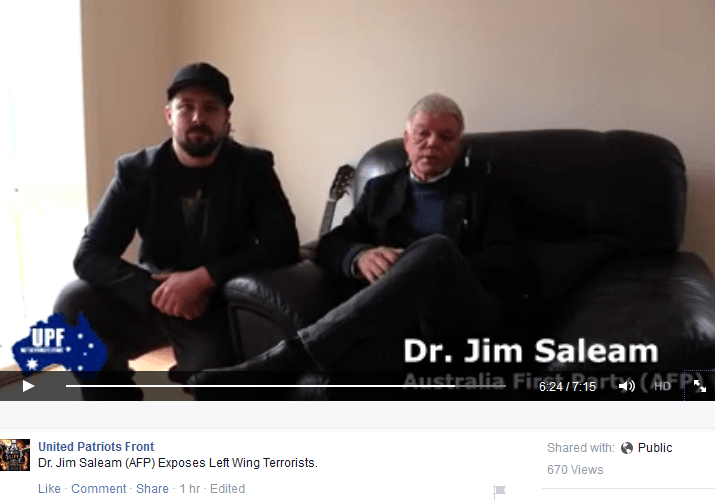 Jim Saleam and Neil Erikson appear together in a video posted on the United Patriots Front's Facebook page today.