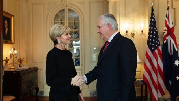 Julie Bishop and US Secretary of State Rex Tillerson meet at the State Department in Washington earlier this month. 