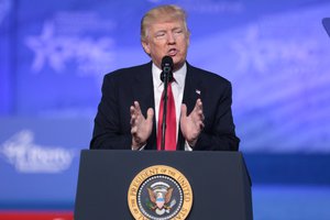 President of the United States Donald Trump speaking at the 2017 Conservative Political Action Conference (CPAC) in National Harbor, Maryland