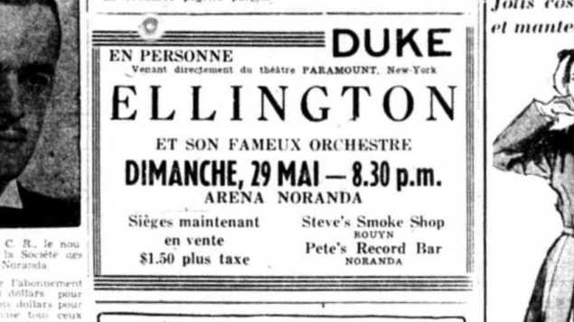 Publicité annonçant la venue de Duke Ellington à Noranda dans le journal « La Frontière » du 19 mai 1949