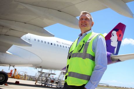 Qantas engineer Andrew Howard oversaw the 500-hour installation on the Hawaiian Airlines plane.