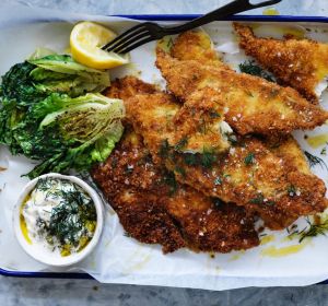 Snapper fillet with charred lettuce.