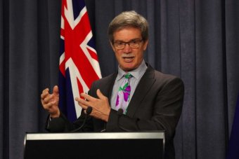 WA Treasurer Mike Nahan speaks at a podium in front of an Australian flag.