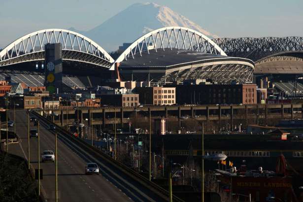 The Alaskan Way Viaduct, Qwest Field and Mount Rainier are seen on Feb. 16, 2011.