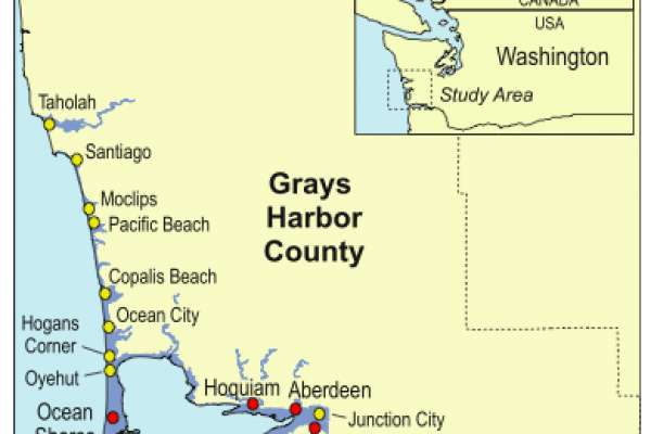 Maps of the communities of Pacific and Grays Harbor counties in a tsunami-hazard zone  related to a potential Cascadia subduction zone earthquake, and the study area for research of how many people could make it out of a tsunami zone in the event of a Cascadia Subduction Zone earthquake.   The research by the USGS is titled:   "Community variations in population exposure
to near-field tsunami hazards as a function of pedestrian travel time to safety"