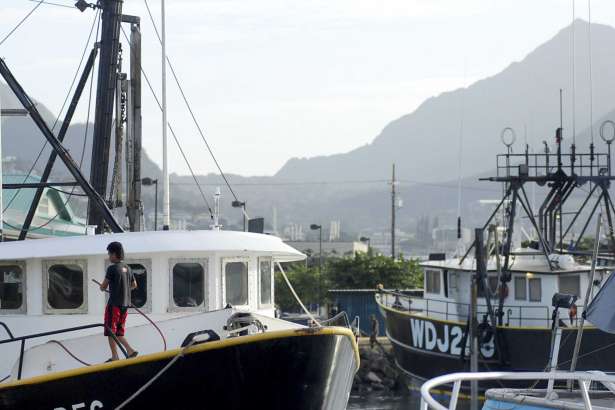 FILE - In this Thursday, Feb. 2, 2017 file photo, a man works on a commercial fishing boats docked at Pier 38 in Honolulu. The sponsor of a Hawaii bill seeking to change the way commercial licenses are granted to foreign fishermen says the bill is in danger of dying after fishing industry representatives told lawmakers the bill could wreck the industry. The bill would restrict commercial fishing licenses to people who are legally allowed to enter the U.S.