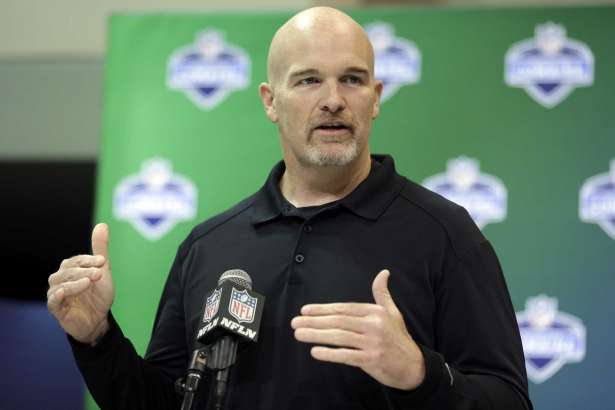 Atlanta Falcons head coach Dan Quinn speaks during a press conference at the NFL Combine in Indianapolis, Wednesday, March 1, 2017.