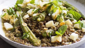 Lentil dhal with mint, haloumi and okra.