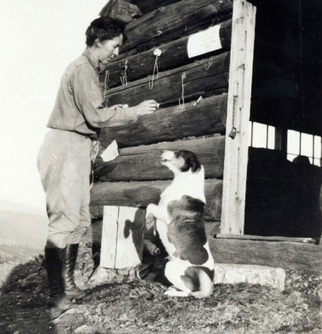 Hallie Daggett, first woman Forest Service field officer, plays with her dog at Eddy Gulch Station on Klamath Peak. (Photo: U.S. Forest Service)