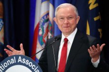 Jeff Sessions gestures during a speech.