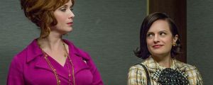 Joan Harris (Christina Hendricks) and Peggy Olson (Elizabeth Moss) in Severance, the first episode of the final season ...