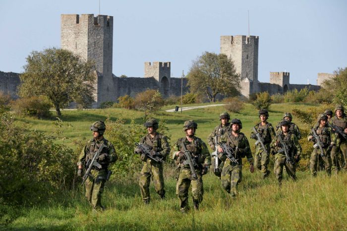 A squad of Swedish troops walk through a field on the island of Gotland.